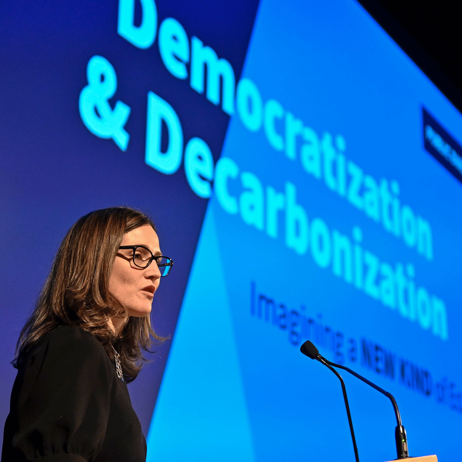 female speaker at a conference of democratization and decarbonization